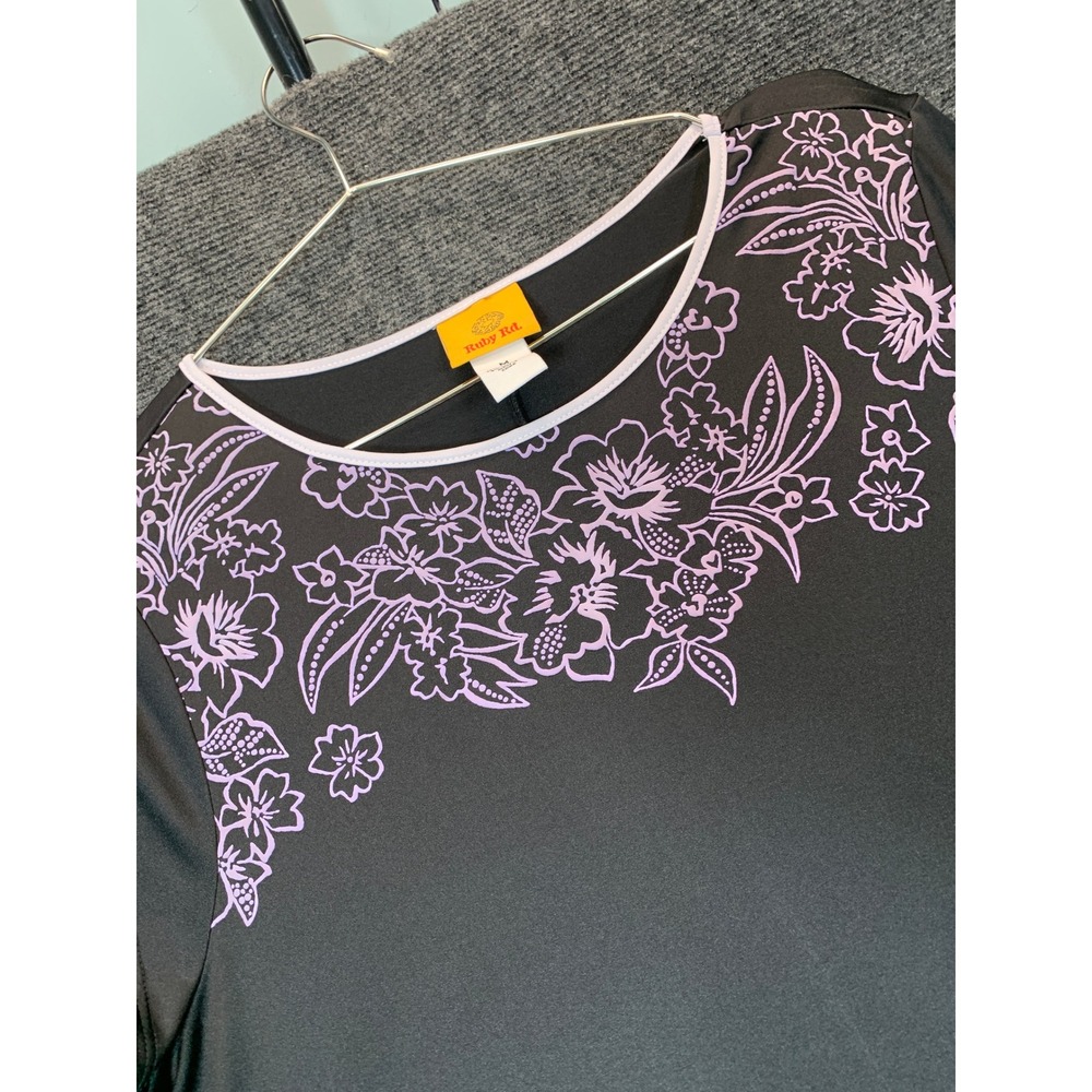 Ruby Rd Floral Tunic Swing Dress M Black Pink Modest Casual Soft Stretch Comfort